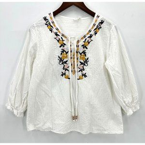 Kindred Anthropologie Top Womens 3/4 Sleeve Embroidered Floral White Petite PM